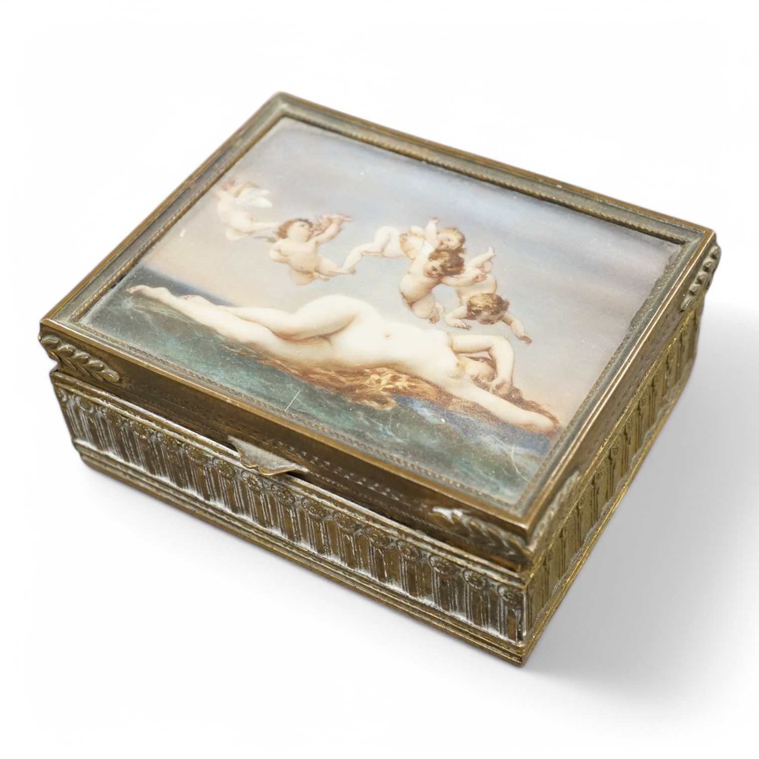 A 19th century French brass hinged box, with inset painted porcelain cover depicting the birth of Venus, 9cm wide. Condition - fair/good
